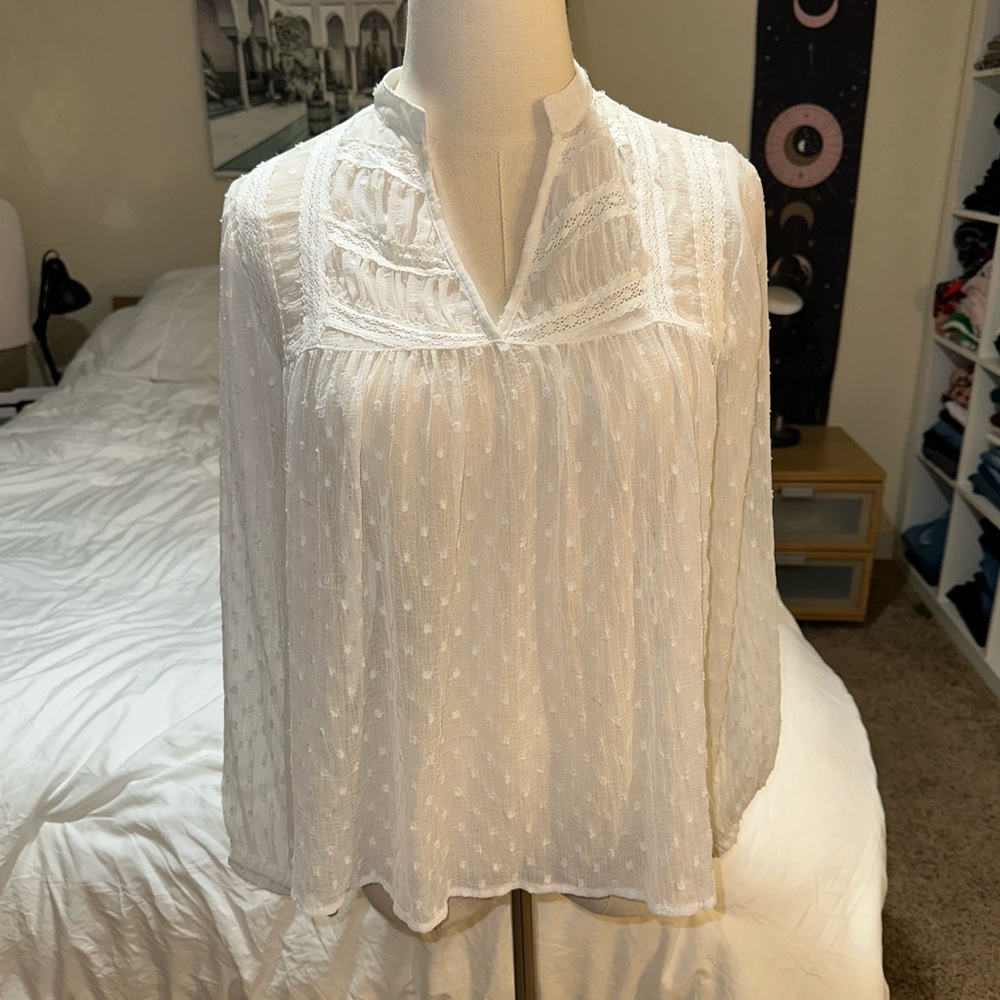ZARA Z1975 Denim | Sheer Swiss Dot Long Sleeve Peasant Blouse Top High V Neck
